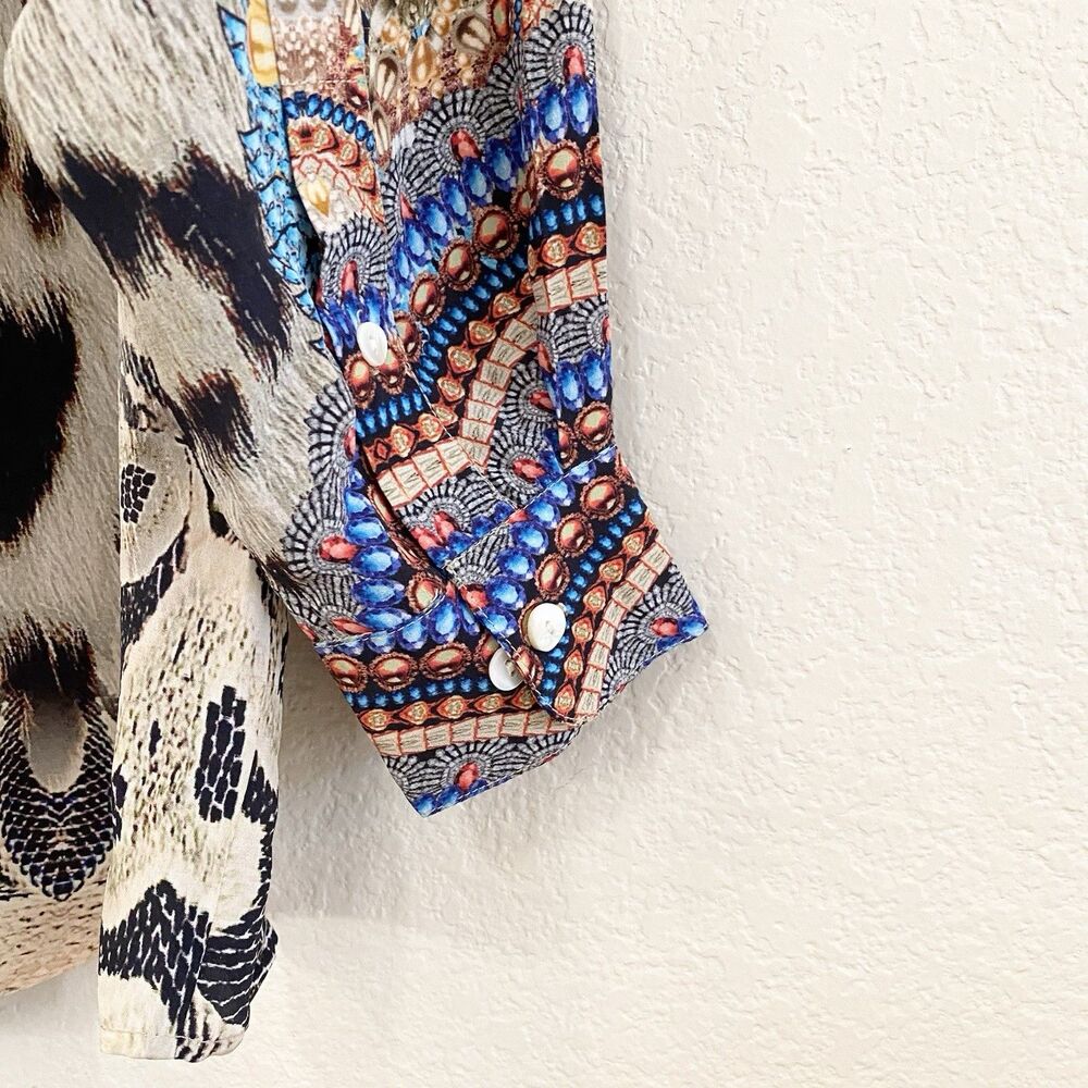 Moda Baronessa Button Up Blouse Multicolor‎ Animal Print 100% Silk Small Tunic - Picture 9 of 10